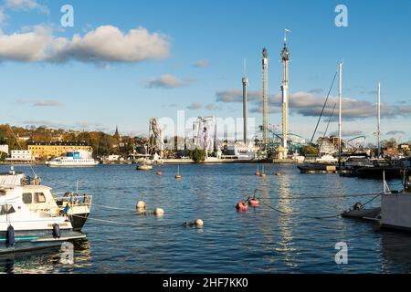 Schweden, Stockholm, Skeppsholmen, Blick auf den Vergnügungspark Gröna Lund Stockfoto