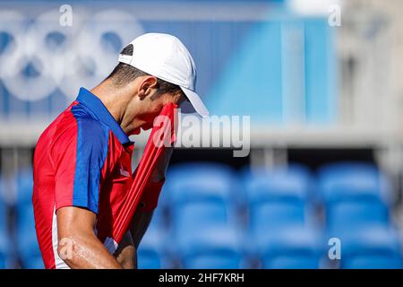 Tokio, Japan. 31st. Juli 2021. Olympische Spiele: Tennismatch zwischen Novak Djokovic und Pablo Carreño um die Bronzemedaille in der Ariake Arena. © ABEL F. ROS Stockfoto