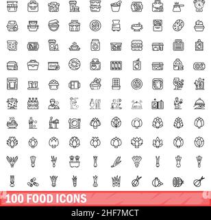 100 Symbole für Lebensmittel eingestellt. Skizzieren Sie die Darstellung von 100 Vektorbildern für Lebensmittel, die isoliert auf weißem Hintergrund gesetzt wurden Stock Vektor