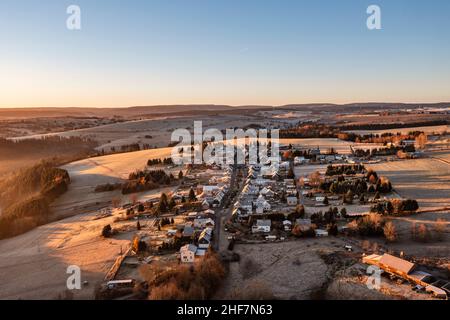 Deutschland, Thüringen, Großbreitenbach, Willmersdorf, Dorf, Felder, Begrenzungslicht, Luftbild Stockfoto