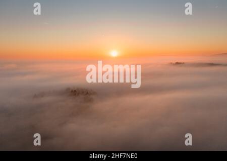 Deutschland, Thüringen, Großbreitenbach, Wildenspring, Bodennebel, Waldstücke ragen durch den Nebel, Sonnenaufgang, Gegenlicht Stockfoto