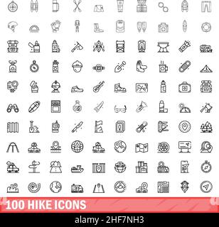 100 Wander-Icons eingestellt. Skizzieren Sie die Darstellung von 100 Wander-Icons Vektor isoliert auf weißem Hintergrund gesetzt Stock Vektor