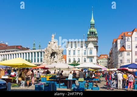 Brünn (Brünn), Gemüsemarkt, alter Rathausturm, Parnas-Brunnen in Jihomoravsky, Südmähren, Tschechien Stockfoto