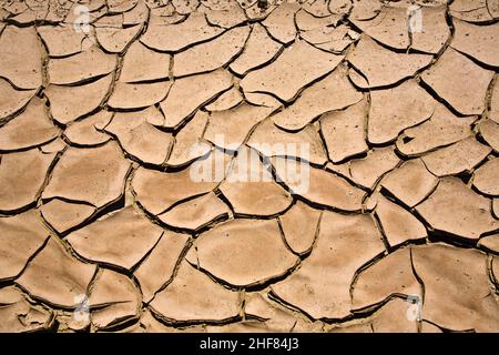 Getrockneter und rissiger Schlamm in der Nähe eines ausgetrockneten Baches im Desert Valley, Nevada Stockfoto