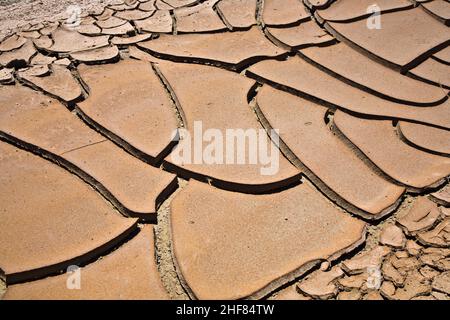 Getrockneter und rissiger Schlamm in der Nähe eines ausgetrockneten Baches im Desert Valley, Nevada Stockfoto