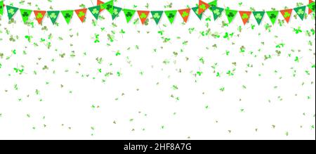 St. Patricks Tag horizontalen Hintergrund mit Kleeblättern, Girlanden von Fahnen mit Kleeblatt-Symbole auf weißem Hintergrund. Irisches Dekor zur Begrüßung des Autos Stock Vektor