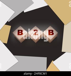 Drei Holzwürfel mit Buchstaben B2B - steht für Business to Businesses auf Schwarz. Marketingkonzept. Stockfoto