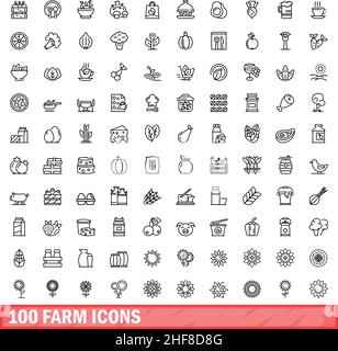 100 Farmsymbole eingestellt. Skizzieren Sie die Darstellung von 100 Farmsymbolen, die auf weißem Hintergrund isoliert sind Stock Vektor