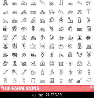 100 Farmsymbole eingestellt. Skizzieren Sie die Darstellung von 100 Farmsymbolen, die auf weißem Hintergrund isoliert sind Stock Vektor