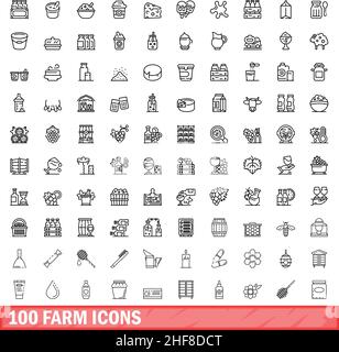 100 Farmsymbole eingestellt. Skizzieren Sie die Darstellung von 100 Farmsymbolen, die auf weißem Hintergrund isoliert sind Stock Vektor