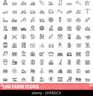 100 Farmsymbole eingestellt. Skizzieren Sie die Darstellung von 100 Farmsymbolen, die auf weißem Hintergrund isoliert sind Stock Vektor