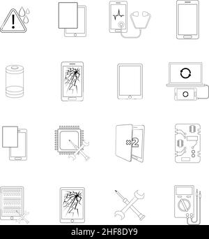 Defekte Telefone beheben festgelegte Symbole im Umrissstil, isoliert auf weißem Hintergrund Stock Vektor