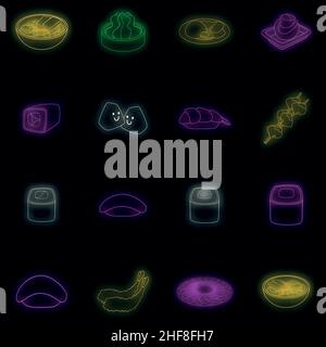 Symbole für japanische Küche eingestellt. Illustration von 16 japanischen Lebensmittel Vektor-Symbole Neonfarbe auf schwarz Stock Vektor