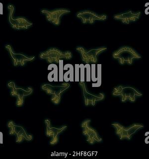 Verschiedene Dinosaurier Symbole gesetzt. Illustration von 16 verschiedenen Dinosaurier Vektor-Icons Neonfarbe auf schwarz Stock Vektor