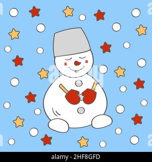 Nette lustige Weihnachten Schneemann in einem Eimer und Fäustlinge, Vektor-Illustration Stock Vektor