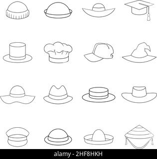 Die Hutkappe setzt Symbole im Umrissstil isoliert auf weißem Hintergrund Stock Vektor