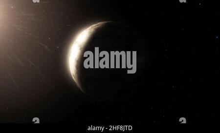 Schöner Planet dreht sich auf dem Hintergrund des Nachthimmels. Planet Mit Nebel Im Weltraum. Planetenrotation im tiefen Sternenraum mit einem Nebel im Hintergrund Stockfoto