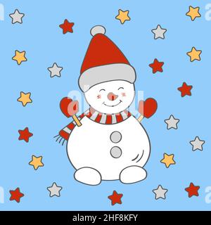 Nette lustige Weihnachten Schneemann in einem Winterhut, Vektor-Illustration Stock Vektor