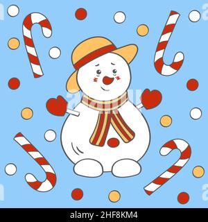 Nette lustige Weihnachten Schneemann in einem Winterhut, Vektor-Illustration Stock Vektor