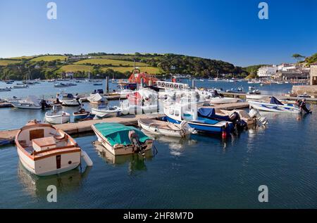 Island Quay mit festgetäuten Booten, Salcombe, South Hams, Devon, England, Großbritannien Stockfoto