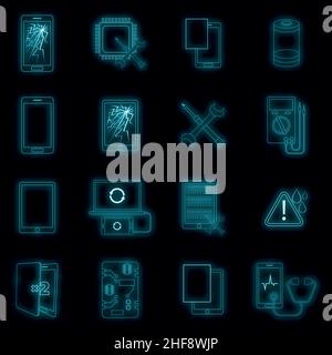 Defekte Telefone beheben eingestellte Symbole. Illustration von 16 kaputten Handys fixl Vektor-Symbole Neonfarbe auf schwarz Stock Vektor