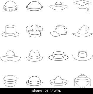 Die Hutkappe setzt Symbole im Umrissstil isoliert auf weißem Hintergrund Stock Vektor