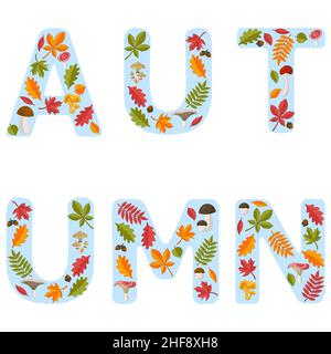 Das Wort HERBST besteht aus Buchstaben mit hellen Herbstblättern. Vektorgrafik Stock Vektor