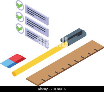 School Tools Symbol isometrischer Vektor. Schreibwarenstift. Stiftausrüstung Stock Vektor