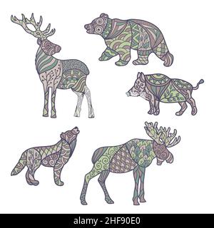 Vektor-Set von Waldtieren mit abstrakten Zen-Kunst-Muster, isolieren auf einem weißen Hintergrund Stock Vektor