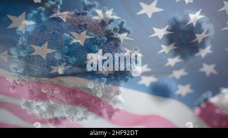 Flagge der Vereinigten Staaten von Amerika mit tödlichem Coronavirus covid-19. Banner mit der Ausbreitung des Coronavirus 2019-nCoV-Virusstamms. Coronavirus Stockfoto