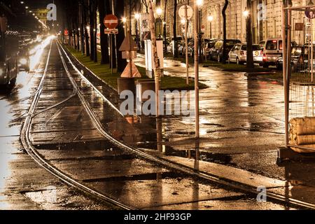 Nasse Trolleyschienen im Licht und auf den Straßen reflektieren das Licht Stockfoto