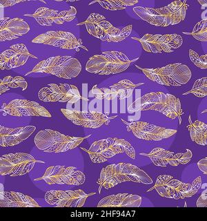 Nahtloses Muster, Set aus schönen abstrakten goldenen Federn auf schwarzem Hintergrund, Ethno-Stil, Zenart Stock Vektor