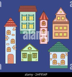 Vector Set von bunten Häusern mit Licht in den Fenstern am Abend Stock Vektor