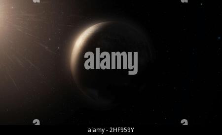 Schöner Planet dreht sich auf dem Hintergrund des Nachthimmels. Planet Mit Nebel Im Weltraum. Planetenrotation im tiefen Sternenraum mit einem Nebel im Hintergrund Stockfoto