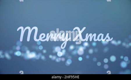 Fröhliche Christmass-Inschrift aus Neonbuchstaben auf blauem Hintergrund mit vielen unscharfen, runden Lichtern, Feier- und Winterurlaub-Konzept. Frohe Khr Stockfoto