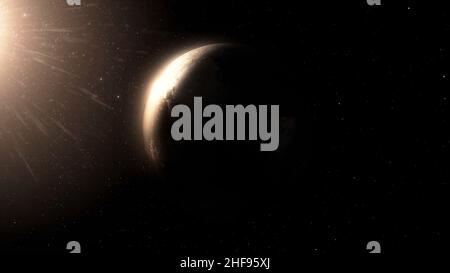 Schöner Planet dreht sich auf dem Hintergrund des Nachthimmels. Planet Mit Nebel Im Weltraum. Planetenrotation im tiefen Sternenraum mit einem Nebel im Hintergrund Stockfoto