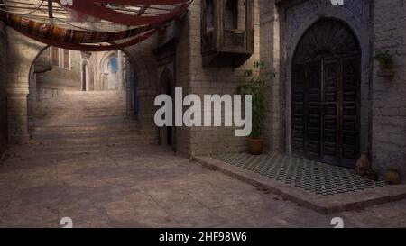 Straßenszene im arabischen Stil mit alten Steingebäuden und Stufen mit dekorativen Sonnenschirmen aus Stoff über dem Kopf. 3D Abbildung. Stockfoto