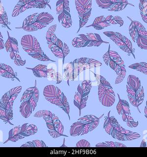 Nahtloses Muster, Vektor-Set aus schönen abstrakten Federn im Ethno-Stil auf blauem Hintergrund, Zenart, limitierte Palette, für Design und Dekoration Stock Vektor