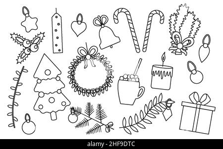Weihnachten Symbol Linie Umriss Silhouette Dekor gesetzt. Zeichen für die Feier Weihnachtsfeier. Elemente für Netzkiefer, Geschenk, Kerze, Kranz, Glocke, Zuckerrohr, Spielzeug, Band, Girlande. Karten für Winterferien Stock Vektor