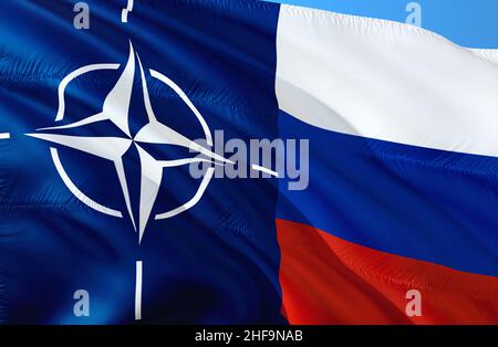 Nato gegen Russland flaggen Bild winkt im Wind. Realistische Nordatlantik-Vertrag Organisation und Russland Flagge Hintergrund, 3D Rendering. Military Alliance FLA Stockfoto