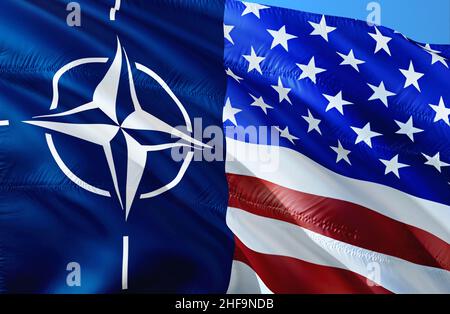 Nato vs USA Flaggenbild winkt im Wind. Realistische Nordatlantik-Vertrag Organisation und USA Flagge Hintergrund, 3D Rendering. Military Alliance Flagge voll Stockfoto