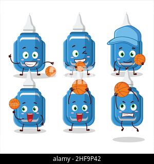 Talentierte blaue Korrektur Stift Zeichentrickfigur als Basketballathlet. Vektorgrafik Stock Vektor