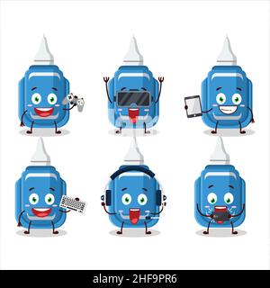 Blaue Korrektur Stift Cartoon-Figur spielen Spiele mit verschiedenen niedlichen Emoticons. Vektorgrafik Stock Vektor