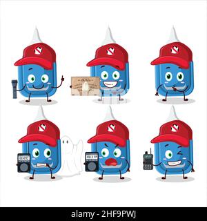 Ghost Hunter Cartoon blaue Korrektur Stift Charakter mit Kamera. Vektorgrafik Stock Vektor