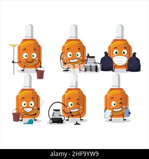 Reinigungsservice orange Korrektur Stift niedlich Cartoon-Figur mit Mopp. Vektorgrafik Stock Vektor