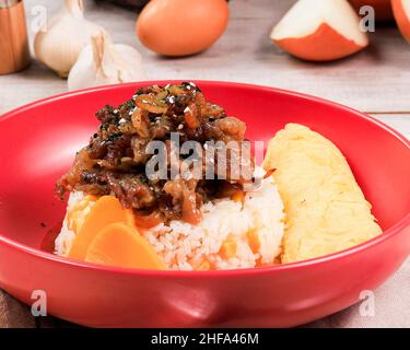 Nahaufnahme Des Teriyaki-Gerichts Für Rindfleisch. Dünn geschnittenes, gegrilltes Rindfleisch, serviert mit Reis, Sesamsamen und japanischem Omelett. Vorderansicht. Stockfoto