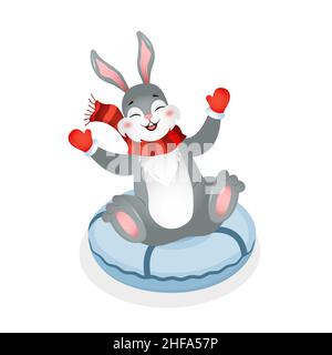 Niedlicher Hase rutscht auf Schneeröhrchen nach unten. Jahr des Kaninchens. Chinesisches Neujahrssymbol 2023. Vektorgrafik im Cartoon-Stil. Designelement für Begrüßung Stock Vektor