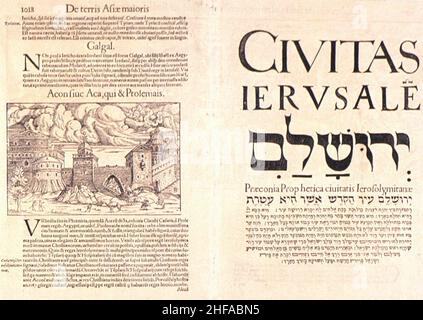 Sebastian Münster. Ierusalem ciuitas sancta, olim metropole regni Iudaici, hodie uero colonia Iurcae. Basel; Henricus Petri. 16 x 38 cm auf Blatt 31 x 40 cm 1552. Rückseite. Stockfoto