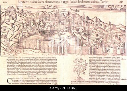 Sebastian Münster. Ierusalem ciuitas sancta, olim metropole regni Iudaici, hodie uero colonia Iurcae. Basel; Henricus Petri. 16 x 38 cm auf Blatt 31 x 40 cm 1552. Vorderseite. Stockfoto