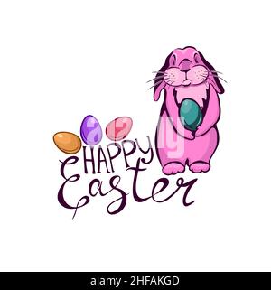 Frohe Ostern Grußkarte mit Ei und rosa Kaninchen. Osterhase. Grußkarte . Vektorgrafik Stock Vektor